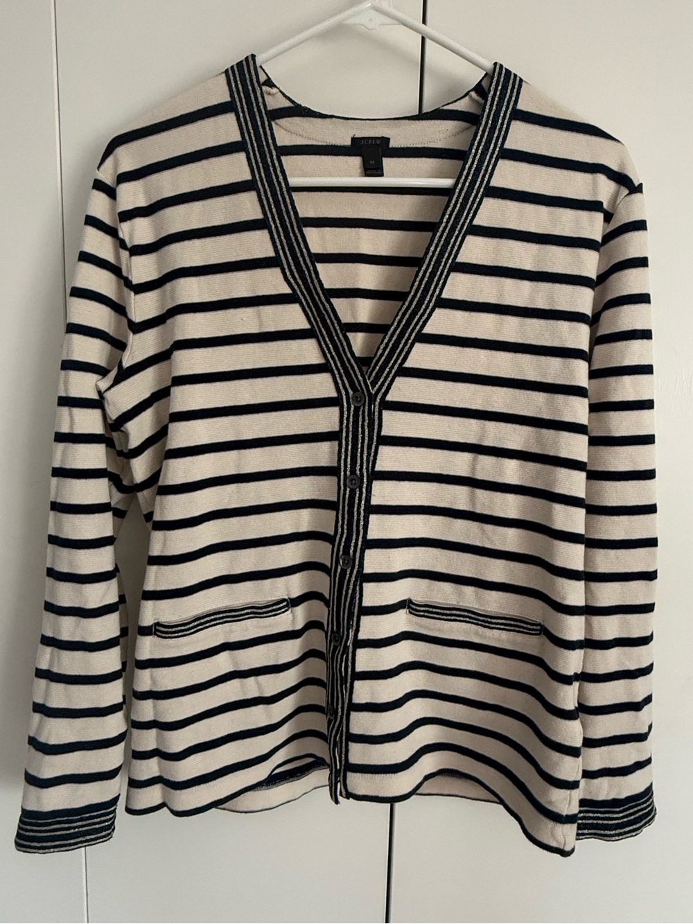 J.Crew Cream & Navy Metallic Striped V-Neck Button Cardigan Sweater